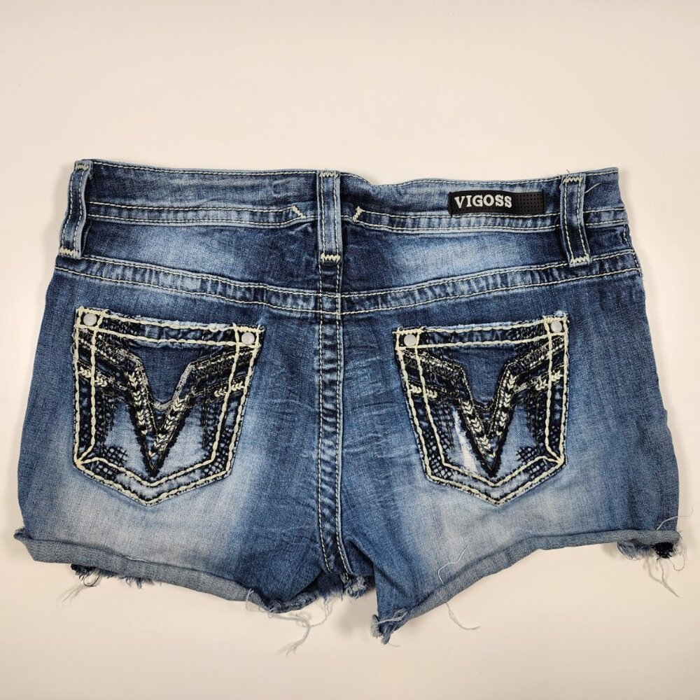 VIGOSS Heritage Fit Frayed Hem Embellished Denim‎ Shorts S 12 Thick Stitch - Picture 8 of 10